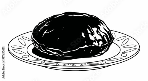 Minimalist black and white vector of a burger patty on a plate