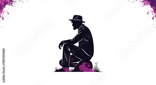 Silhouette of a Man in a Hat Sitting Alone Vector Illustration