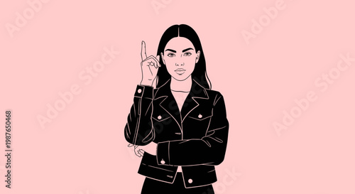 Minimalist vector illustration of woman pointing finger up on pink