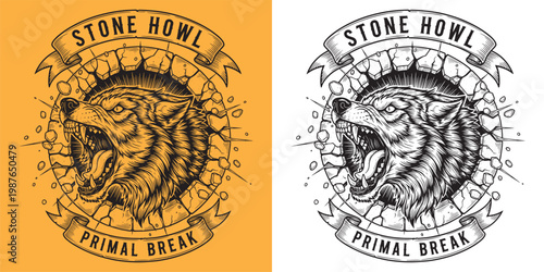 Stone Howl Primal Break Wolf Head Bursting Through Wall Illustration