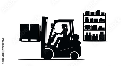 Silhouette of Female Forklift Operator in Warehouse