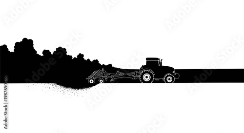 Black Silhouette Vector Illustration of a Tractor Plowing a Field