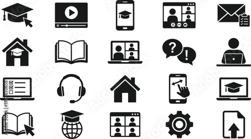 Online education and e learning icon set with graduation cap, video call, laptop, mobile learning, digital classroom symbols, modern flat design elements collection isolated