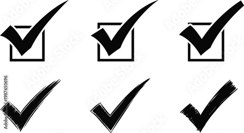 Set of black check mark icons in different styles, checkbox symbols isolated on white background, approval verification ticks, minimalist graphic design elements collection