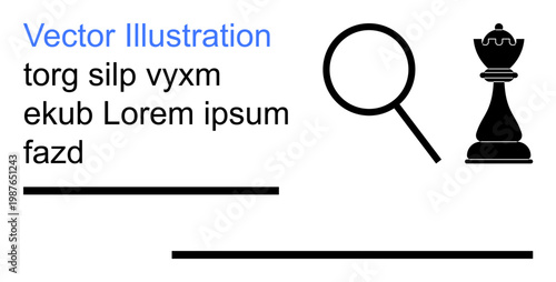 Business analysis, problem-solving, strategy planning, leadership, research, and decision-making. Chess piece and magnifying glass with text. Strategy planning and business analysis concept