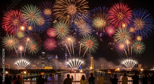 夜空いっぱいに広がる色とりどりの打ち上げ花火が華麗に炸裂し街の灯りを煌びやかに照らす水面には幻想的な光が揺らめき観客の心を奪う壮大な夏の夜の祭典. AI Generated