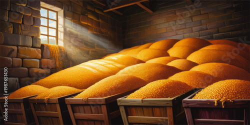 Rustic grain storage barn interior with golden corn kernels in wooden crates, sunlit harvest abundance, agricultural illustration