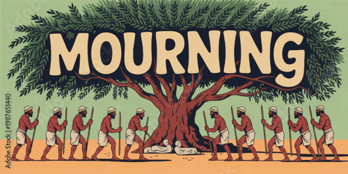 Mourning typography beneath sacred tree with grieving figures, funeral ritual scene, vintage folk illustration in earthy tones