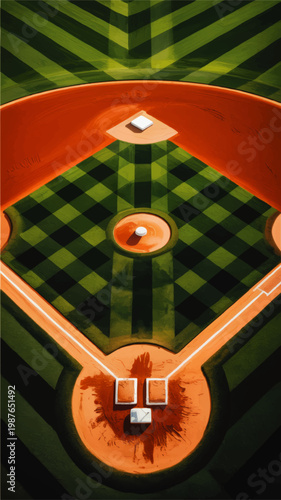 Stylized baseball diamond illustration with home plate, pitcher mound and bases on green checkered field, top view sports artwork