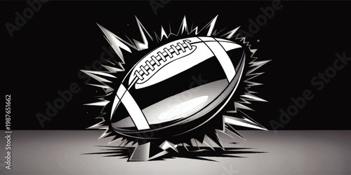 Dynamic American football bursting through cracked surface in dramatic black and gray comic style sports illustration