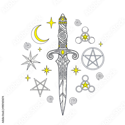 Mystical Dagger with Celestial Symbols, Moon, Stars, and Pentacles