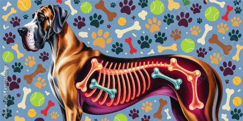 Great Dane canine anatomy illustration with skeleton overlay, colorful veterinary education art, pet care design on blue pattern