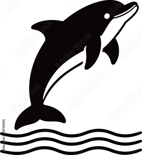 Black and white silhouette of a dolphin leaping above wavy water lines
