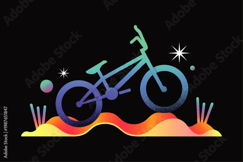 Colorful gradient BMX bicycle illustration on Black background with abstract landscape, stars and planets, modern retro vector art