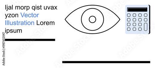 Data analysis, calculation concepts, digital tools, vision technology, design components, productivity . Eye symbol beside a calculator and lorem ipsum text. Calculation and digital tools concept