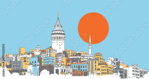 Photography Minimalist Istanbul cityscape illustration featuring Galata Tower and Bosphorus