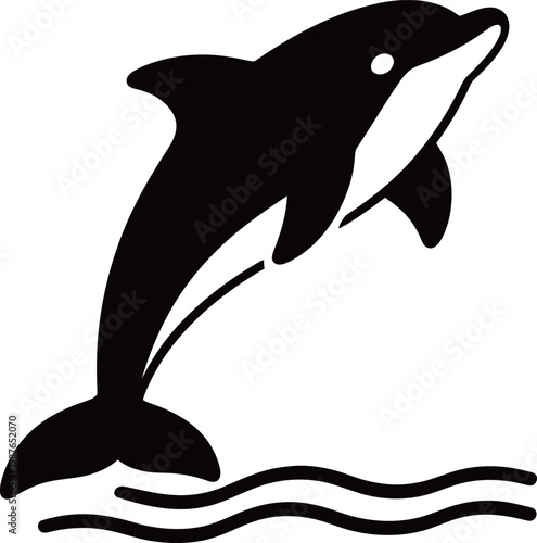 Black and white silhouette of a dolphin leaping above wavy water lines
