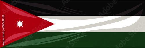 Glossy Waving Jordan Flag Illustration with Red Triangle White Star and Black White Green Stripes National Symbol Banner