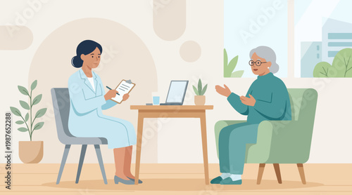 Elderly woman receiving consultation from a healthcare professional in a clinic setting