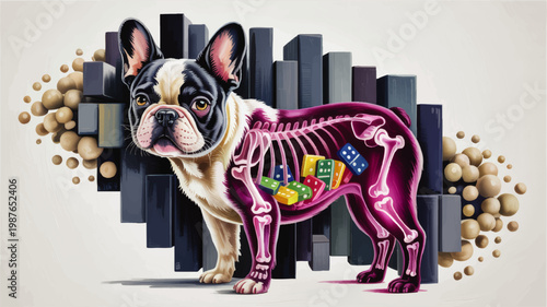 French Bulldog Anatomy Illustration with Skeleton and Colorful Dice in Stomach, Surreal Veterinary Digestive Concept Art