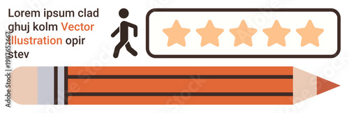 Customer feedback, quality ratings, user experience, educational tools, branding concepts, review systems. Pencil with star ratings and walking person icon. Customer feedback and quality ratings