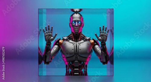 A metallic humanoid robot stands trapped within a translucent glass cube as the walls slowly compress inward, symbolizing extreme stress, shadows, cinematic, industrial