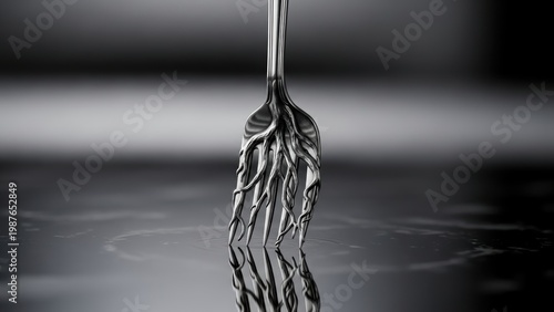 A surreal silver fork whose tines are shaped like the roots of a tree, touching water.