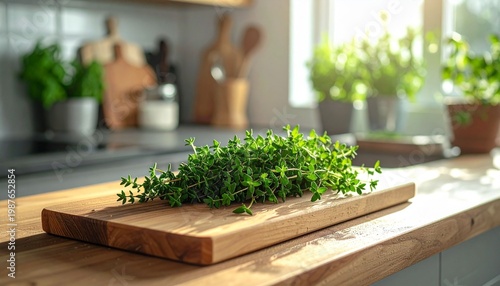 Fresh thyme on cutting board in kitchen