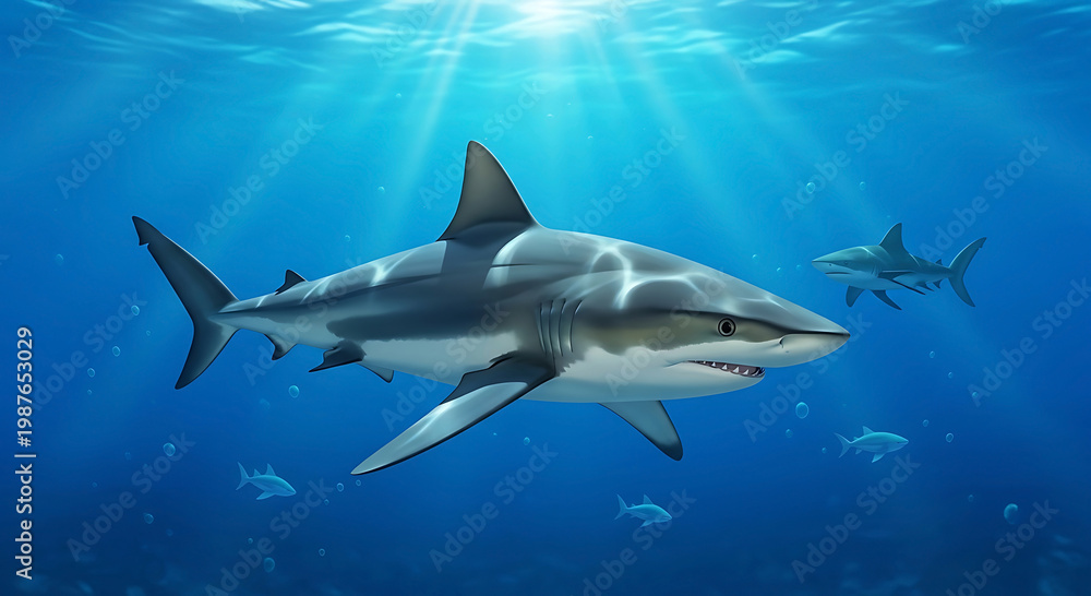Fototapeta premium Two sharks swimming underwater with sun rays