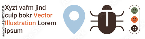 Cybersecurity, malware detection, user feedback, digital safety, threat identification, online tools. A bug, a map pin and a feedback scale. Cybersecurity and malware detection idea