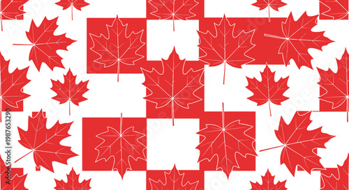 Canadian Maple Leaf Pattern: Red and White Geometric Background, Autumn Theme