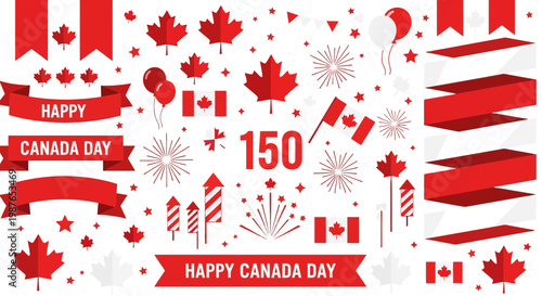 Happy Canada Day 150 Celebration Elements: Maple Leaves, Flags, Fireworks, Ribbons