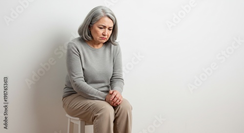 椅子に座り俯く白髪の女性憂いと寂しさを感じさせる表情と姿勢シンプル背景で感情が際立つ. AI Generated