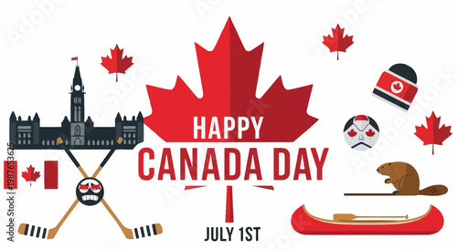 Happy Canada Day Celebration with Maple Leaf, Beaver, Hockey & Parliament Hill