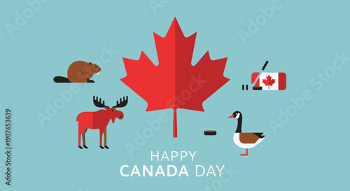 Happy Canada Day Celebration with Maple Leaf, Moose, Beaver, Goose, and Hockey