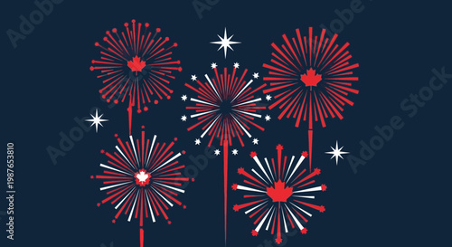 Red White Fireworks Display on Dark Blue Background, Celebration, Canada Day