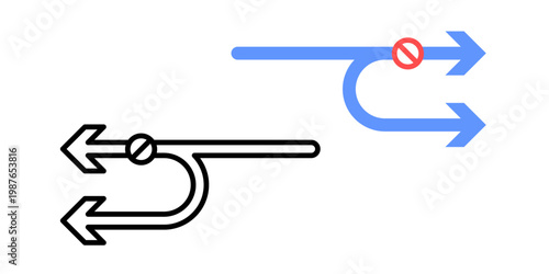 Fallback processing path symbol. Primary path breaking into alternative route. AI fallback and recovery processing concept. Simple geometric illustration.