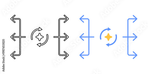 Synchronized processing alignment symbol. Parallel flows connected and aligned at central point. AI sync processing concept. Simple geometric illustration.