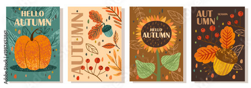 Autumn seasonal postcard set. Vector illustration