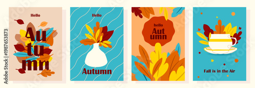 Autumn themed greeting cards. Vector illustration