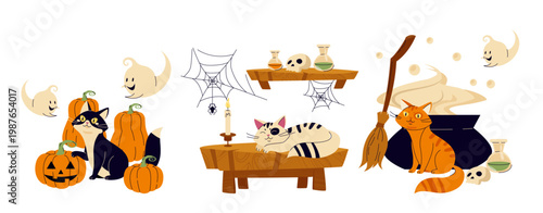 Halloween cats and ghosts. Vector illustration
