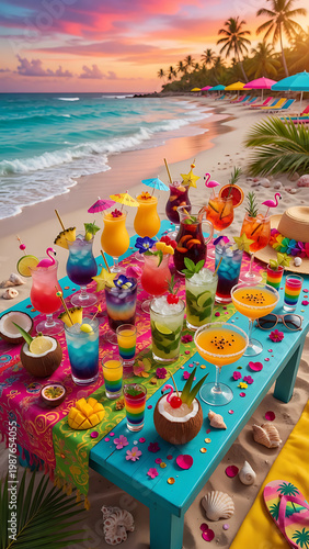 Vibrant Tropical Beach Party Table With Colorful Cocktails And Fruit At Sunset With Ocean View