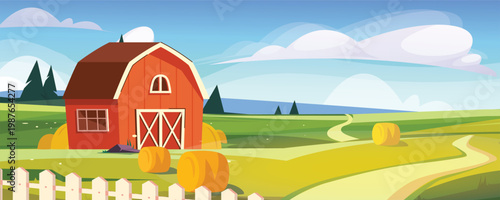 Red barn in sunny farmland. Vector illustration