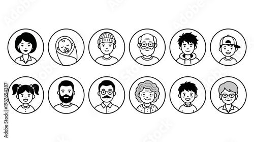 Minimalist line art avatar icons of diverse generations and office staff including manager and clerk, ideal for business team profiles, user interface and customer demographic mapping