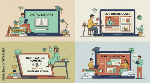 Four flat illustrations of office project managers and trainees using a digital library, live online class and team collaboration tools, ideal for training, webinars and online courses