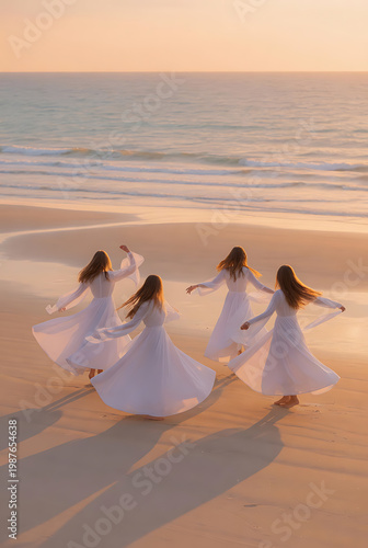 Five Women In White Flowing Dresses Dancing Joyfully On A Sandy Beach During Golden Hour Sunset