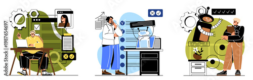 Workflow scenes with people and robots. Vector illustration