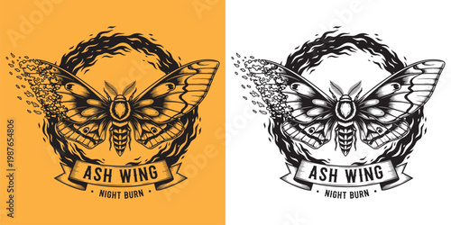 Ash Wing Night Burn Moth Disintegrating in Circle of Flames Illustration