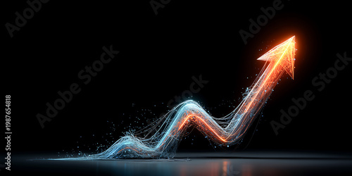 Glowing upward arrow formed by flowing data streams symbolizing digital growth analytics performance success and modern corporate strategy concept visualization