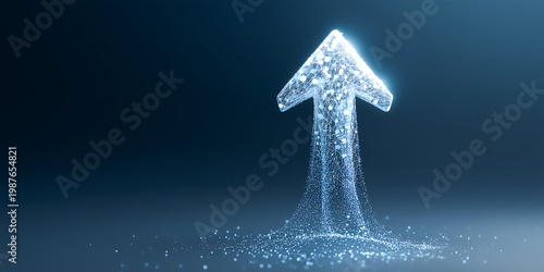 Glowing upward arrow formed by flowing data streams symbolizing digital growth analytics performance success and modern corporate strategy concept visualization